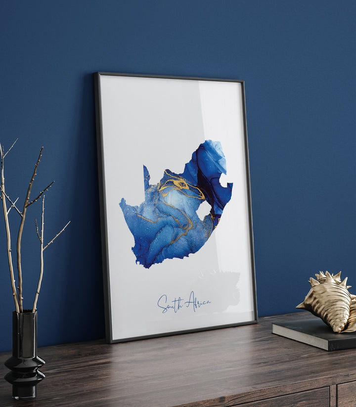 South Africa Map Blue and Gold Wall Art Print