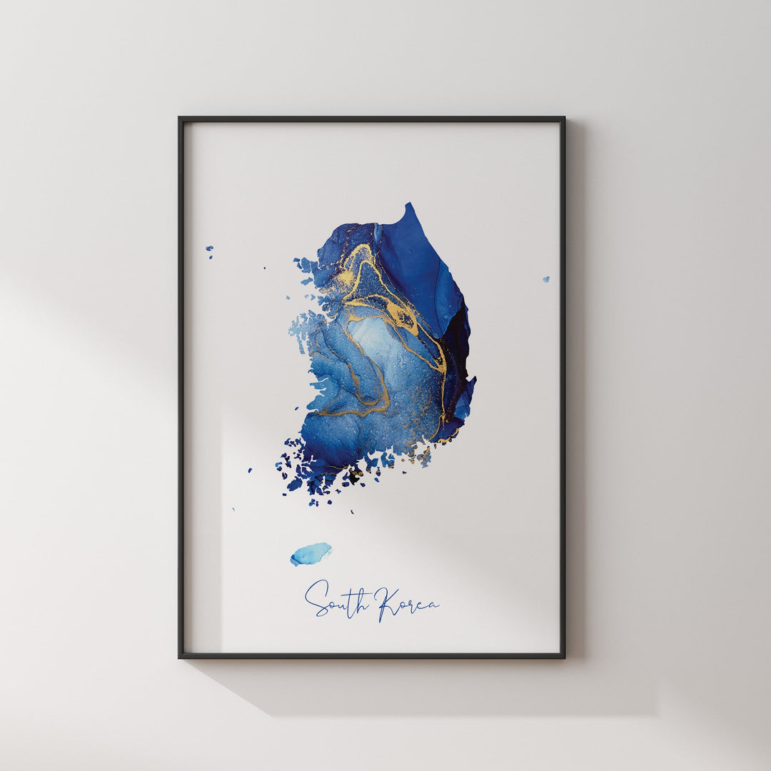 South Korea Map Blue and Gold Wall Art Print