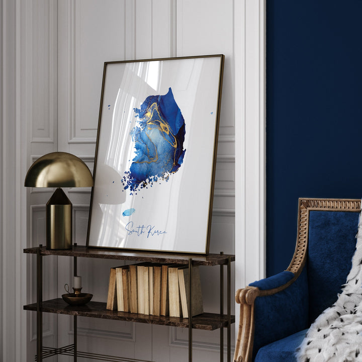 South Korea Map Blue and Gold Wall Art Print