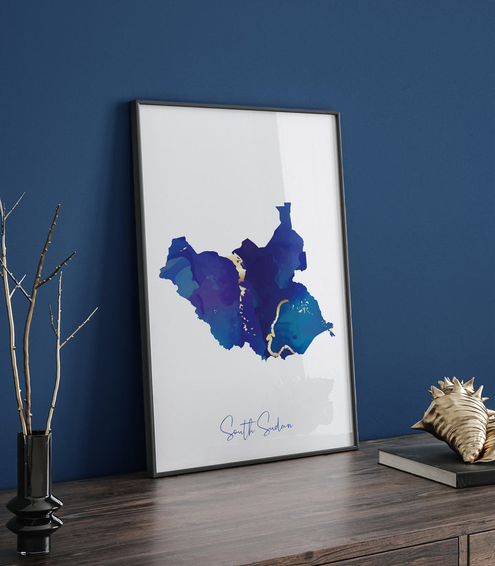 South Sudan Map Blue and Gold Wall Art Print