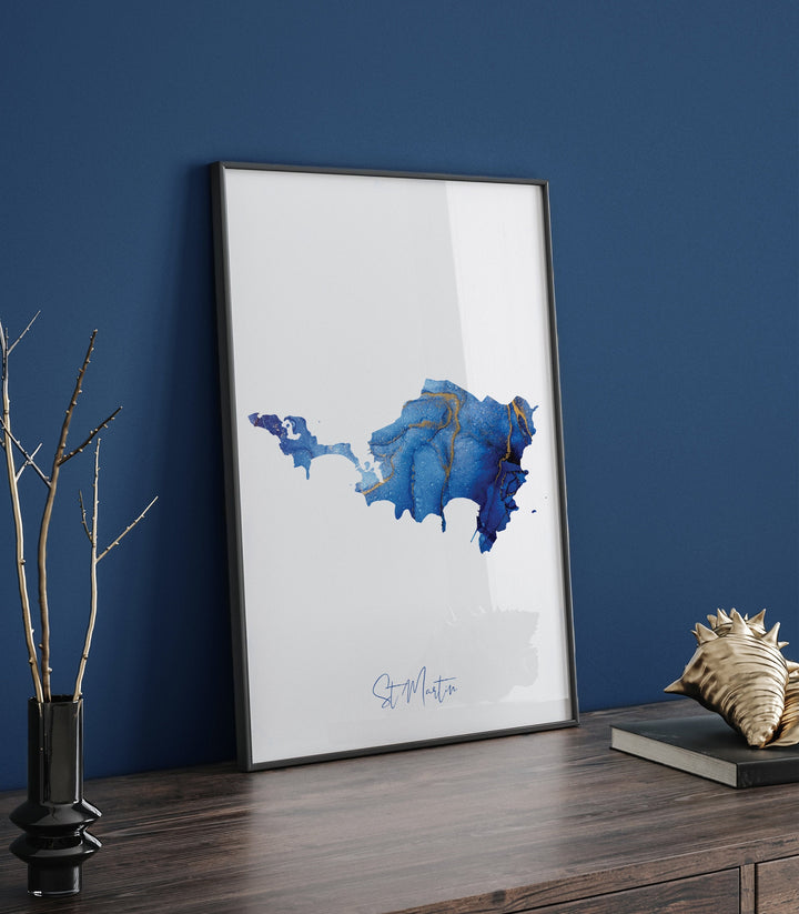 Saint Martin Map Blue and Gold Wall Art Print