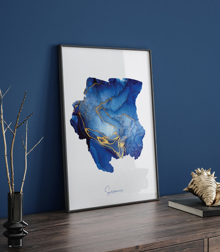 Suriname Map Blue and Gold Wall Art Print