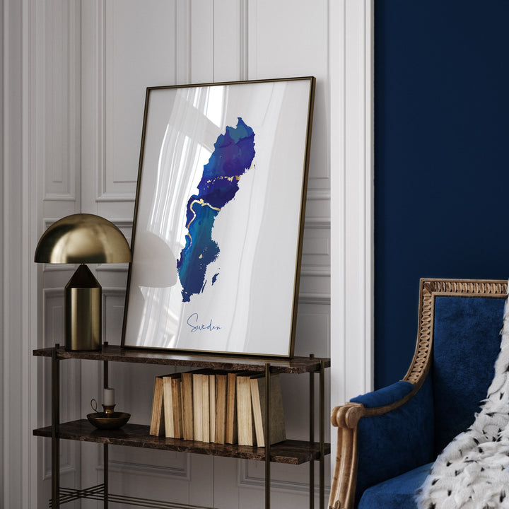 Sweden Map Blue and Gold Wall Art Print