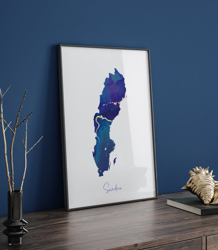 Sweden Map Blue and Gold Wall Art Print
