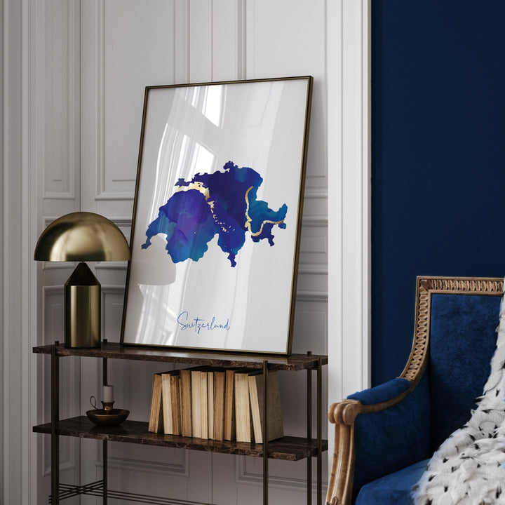 Switzerland Map Blue and Gold Wall Art Print
