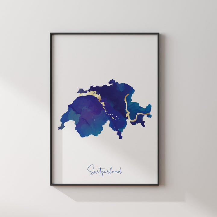 Switzerland Map Blue and Gold Wall Art Print