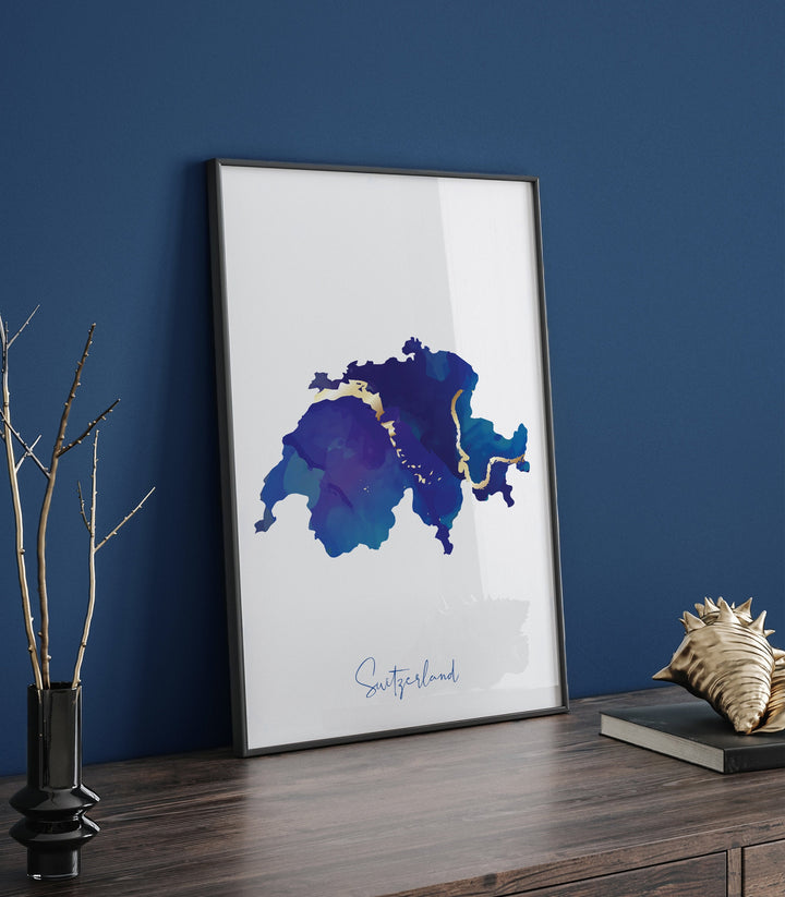 Switzerland Map Blue and Gold Wall Art Print