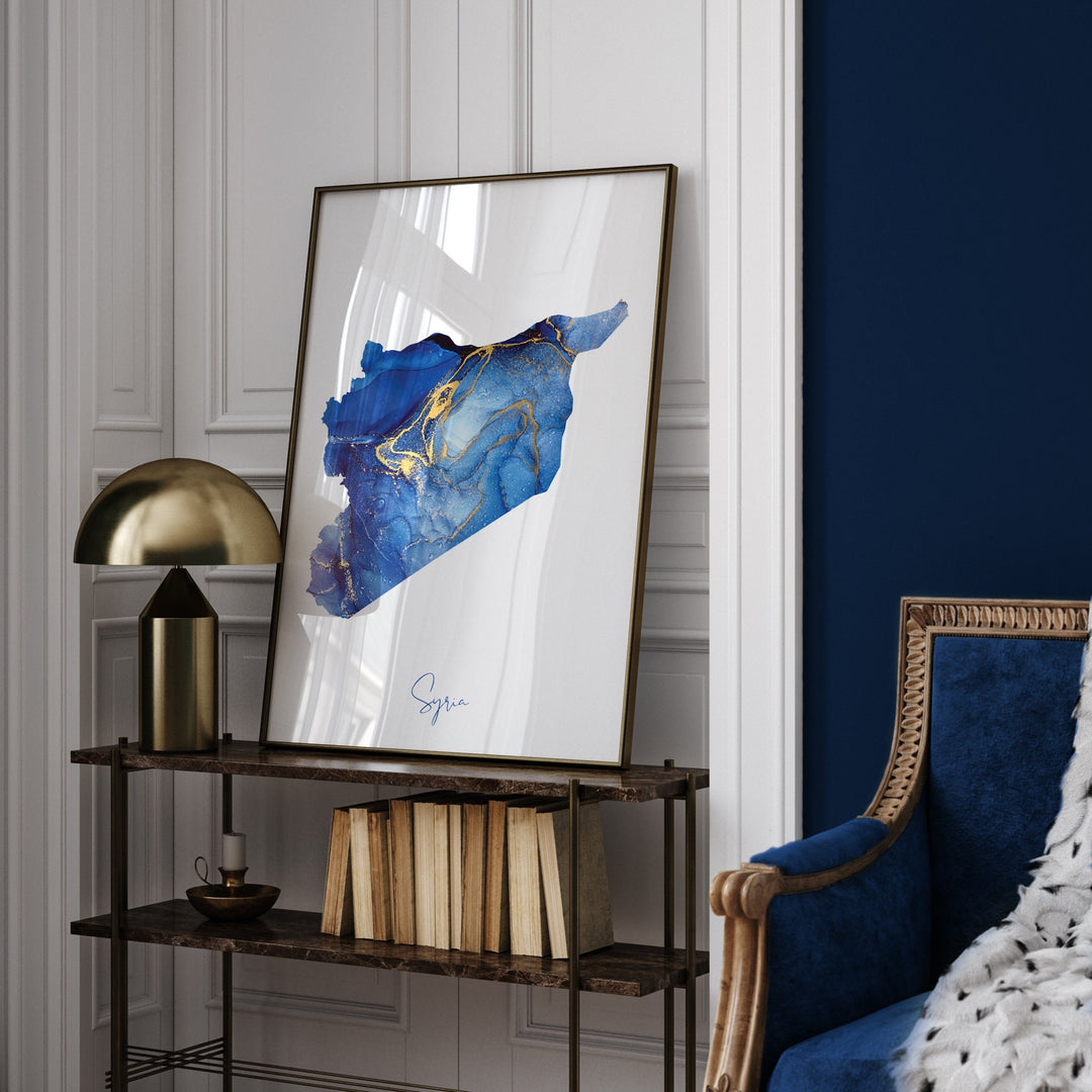 Syria Map Blue and Gold Wall Art Print