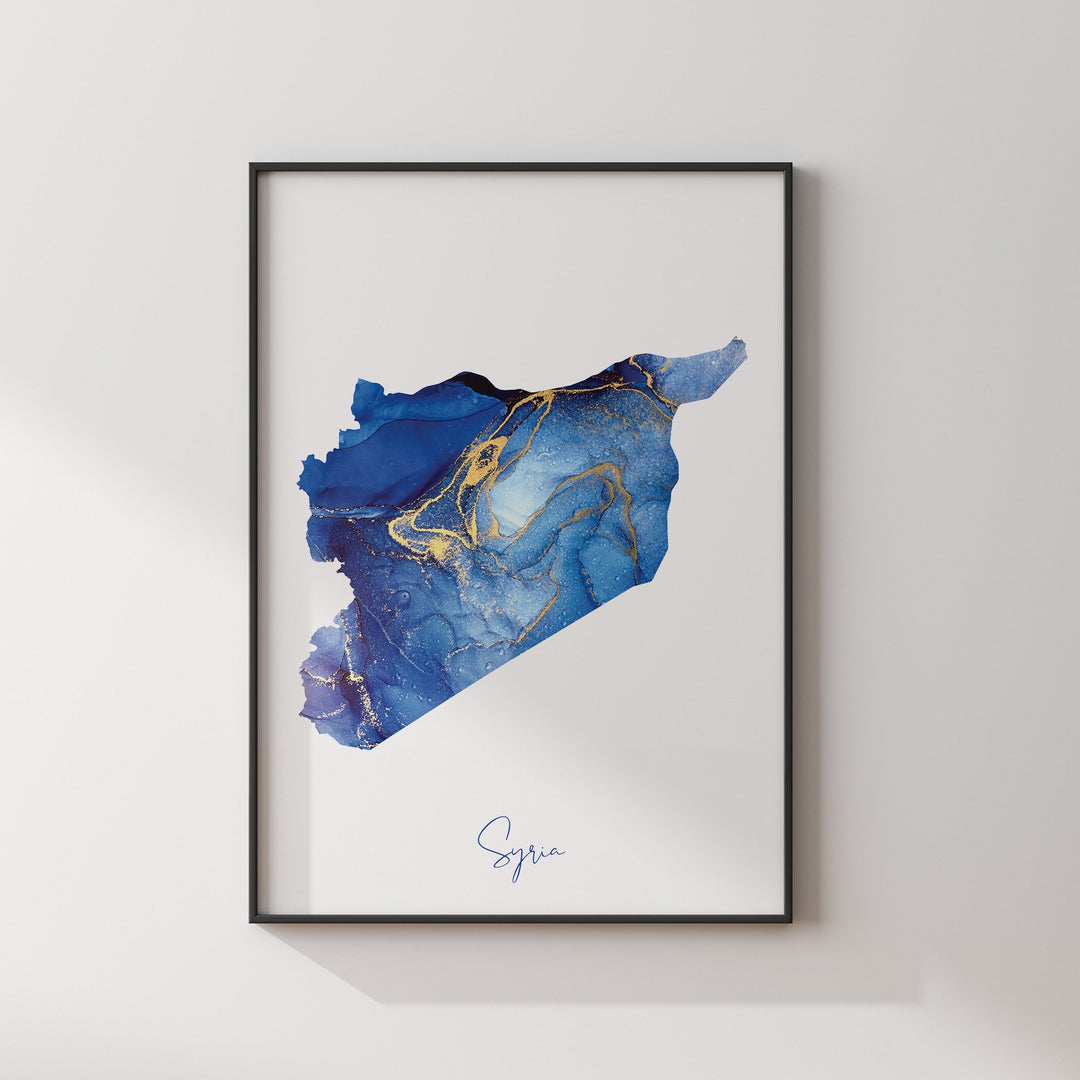 Syria Map Blue and Gold Wall Art Print