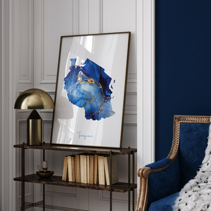 Tanzania Map Blue and Gold Wall Art Print