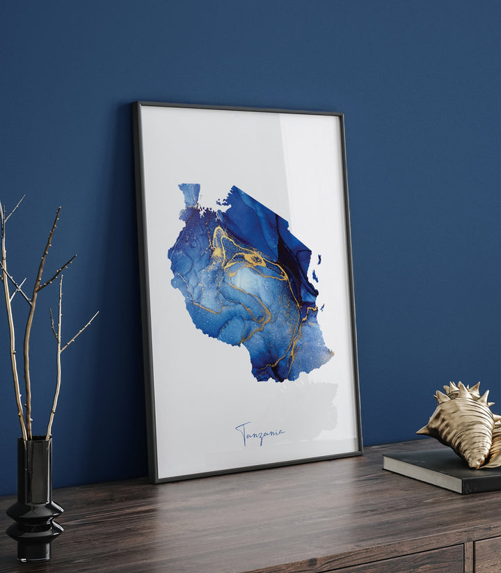 Tanzania Map Blue and Gold Wall Art Print