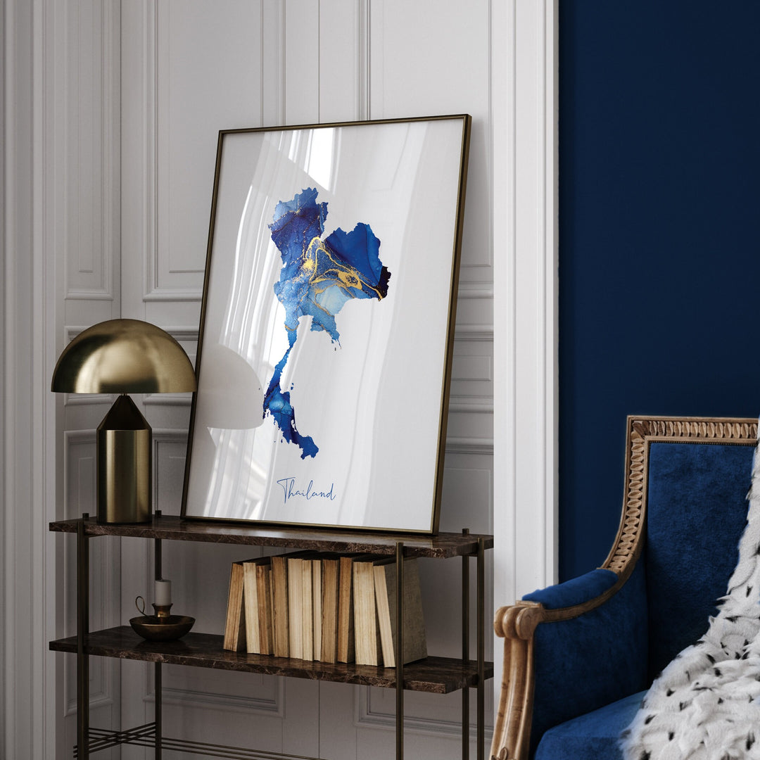 Thailand Map Blue and Gold Wall Art Print