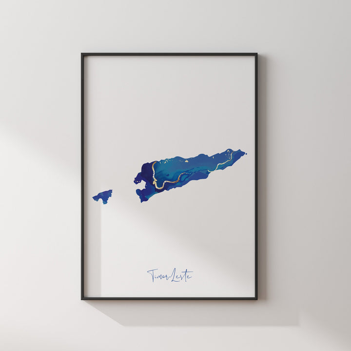 Timor-Leste Map Blue and Gold Wall Art Print
