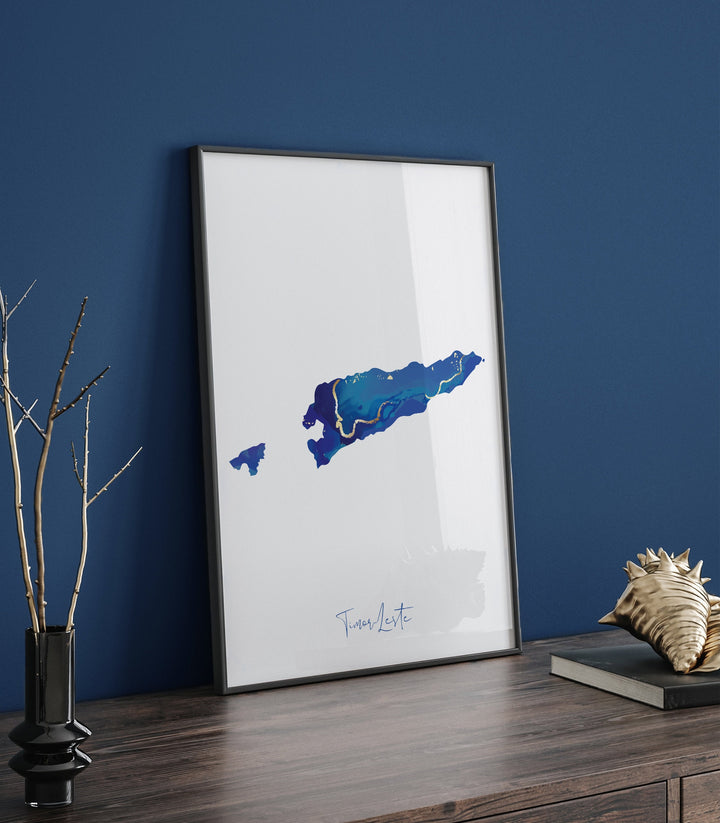 Timor-Leste Map Blue and Gold Wall Art Print