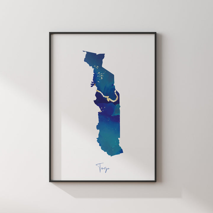 Togo Map Blue and Gold Wall Art Print