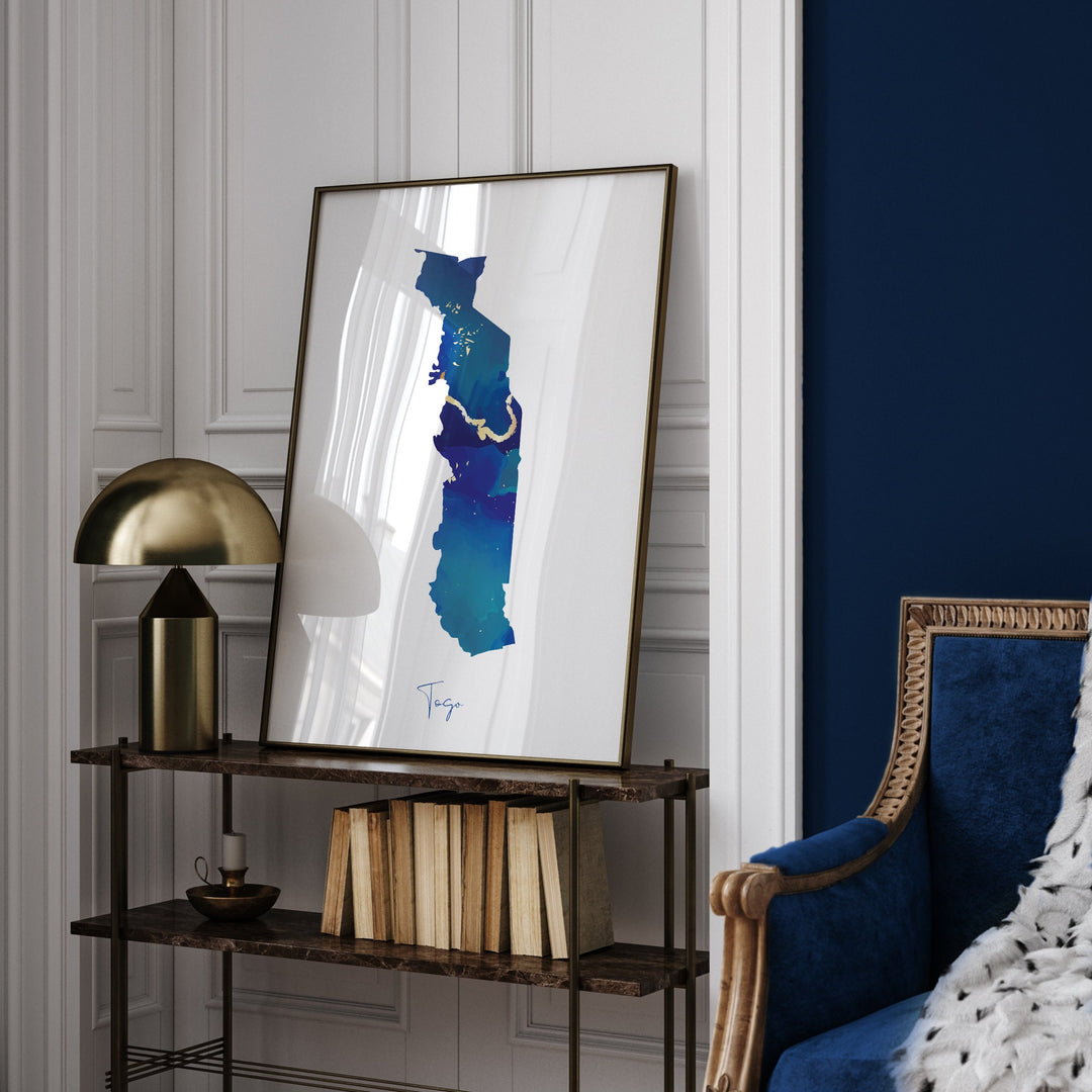 Togo Map Blue and Gold Wall Art Print