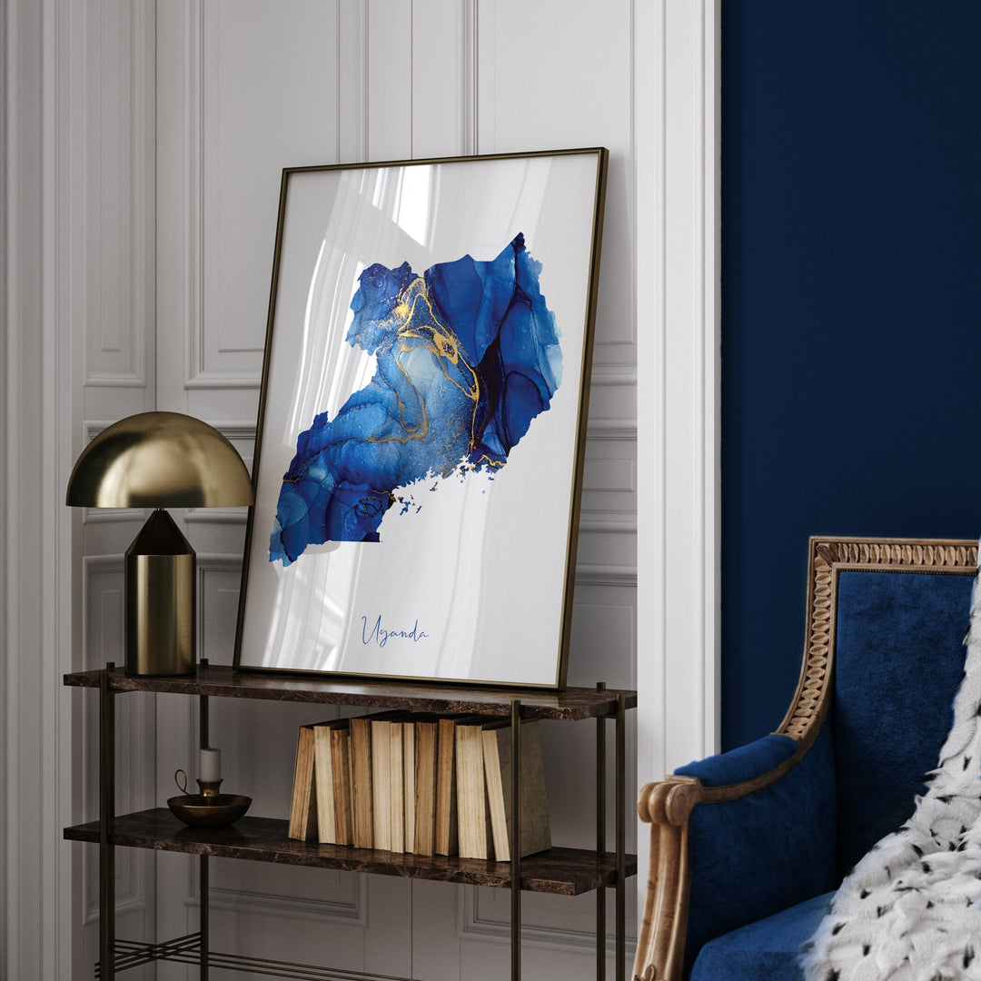 Uganda Map Blue and Gold Wall Art Print