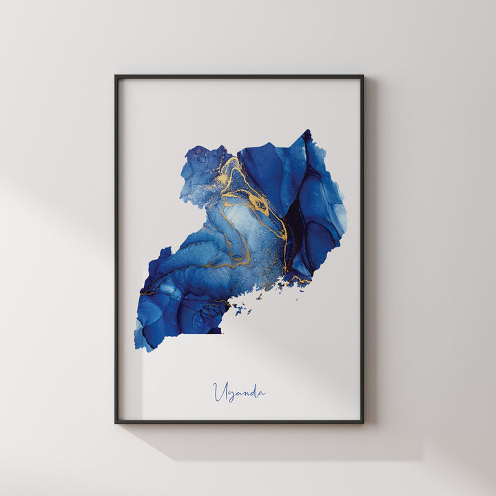 Uganda Map Blue and Gold Wall Art Print