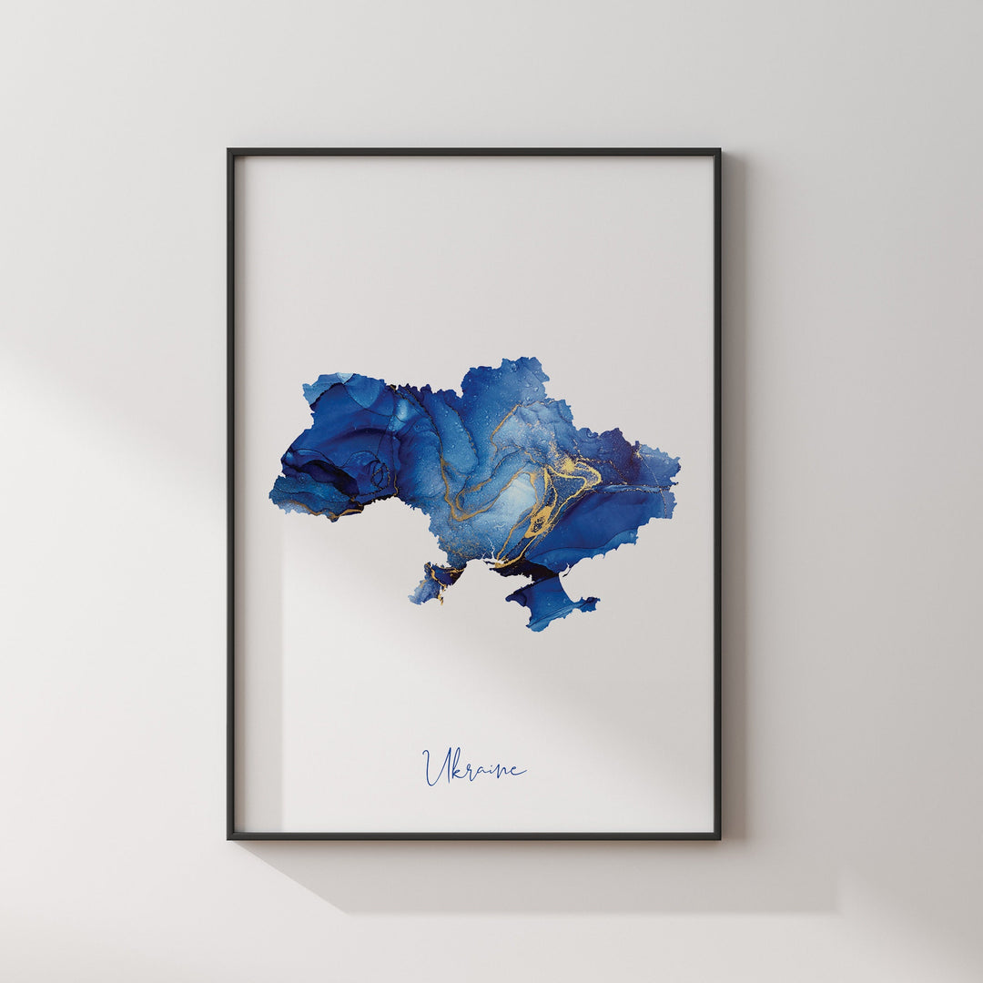 Ukraine Map Blue and Gold Wall Art Print