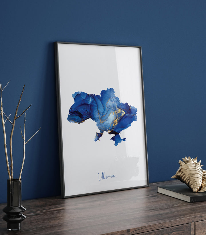 Ukraine Map Blue and Gold Wall Art Print