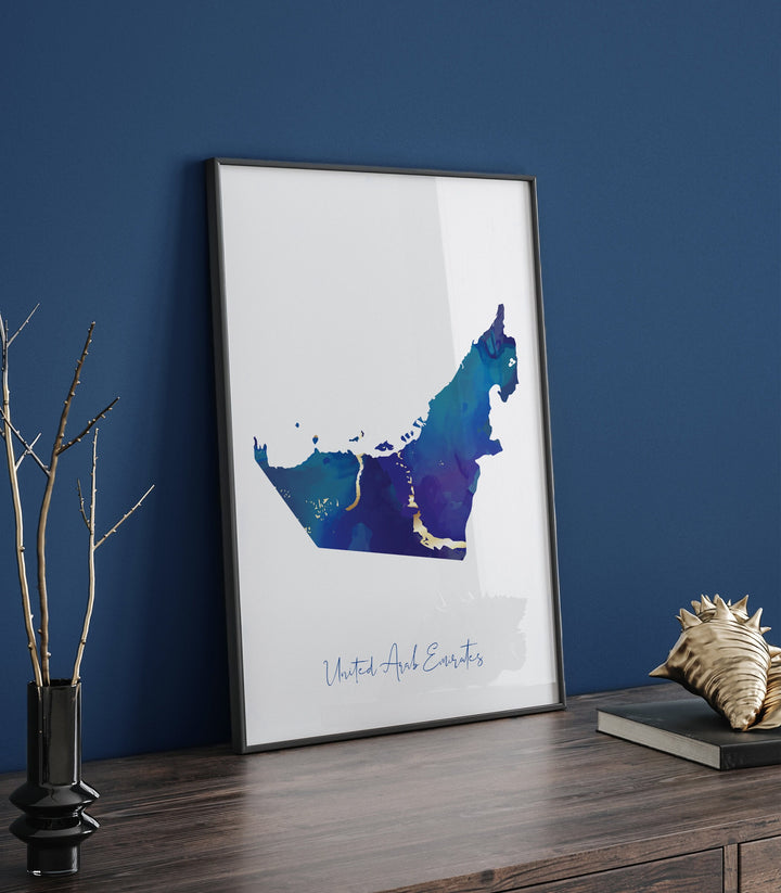 United Arab Emirates Map Blue and Gold Wall Art Print UAE