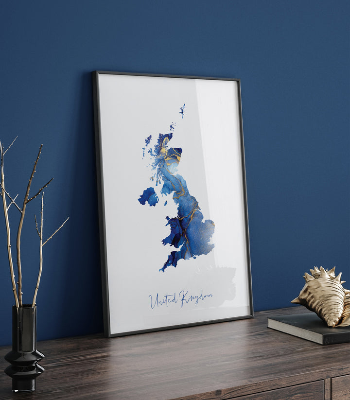 United Kingdom Map Blue and Gold Wall Art Print UK