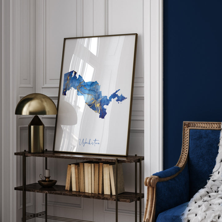 Uzbekistan Map Blue and Gold Wall Art Print