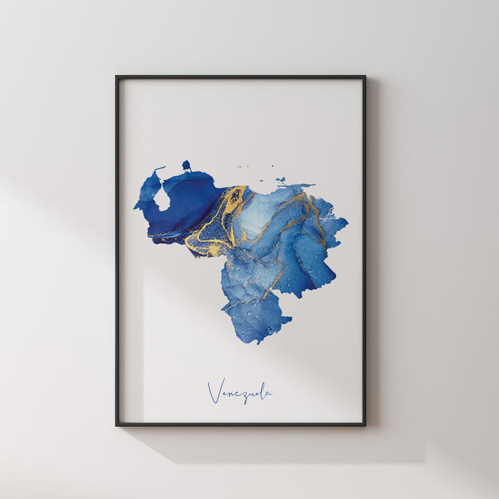 Venezuela Map Blue and Gold Wall Art Print