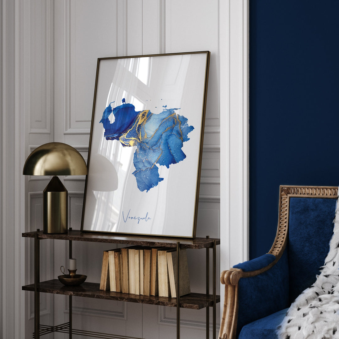 Venezuela Map Blue and Gold Wall Art Print