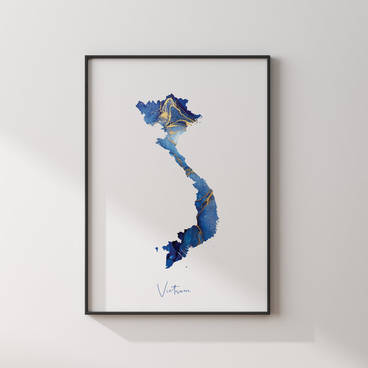 Vietnam Map Blue and Gold Wall Art Print