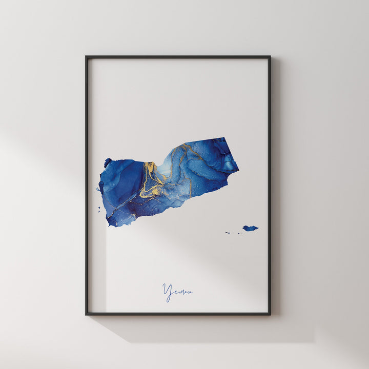Yemen Map Blue and Gold Wall Art Print