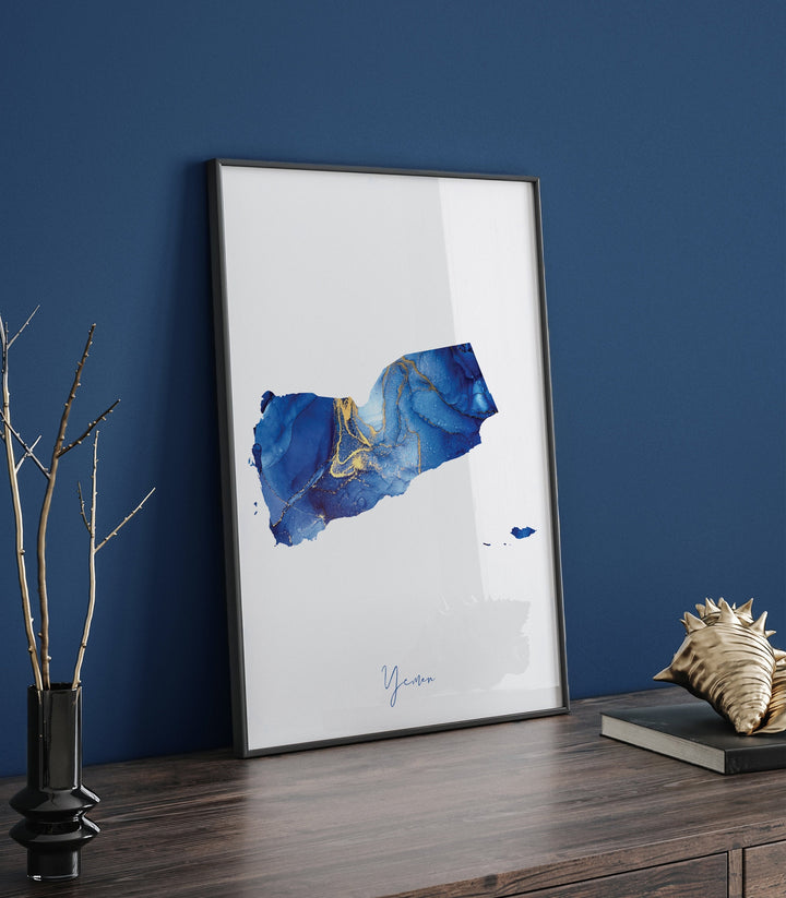 Yemen Map Blue and Gold Wall Art Print