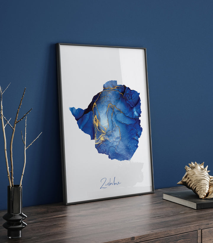 Zimbabwe Map Blue and Gold Wall Art Print