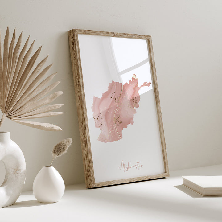 Afghanistan Map Pink and Gold Wall Art Print