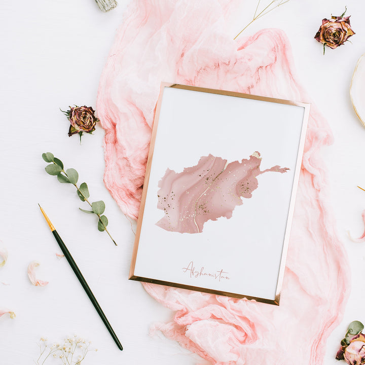 Afghanistan Map Pink and Gold Wall Art Print
