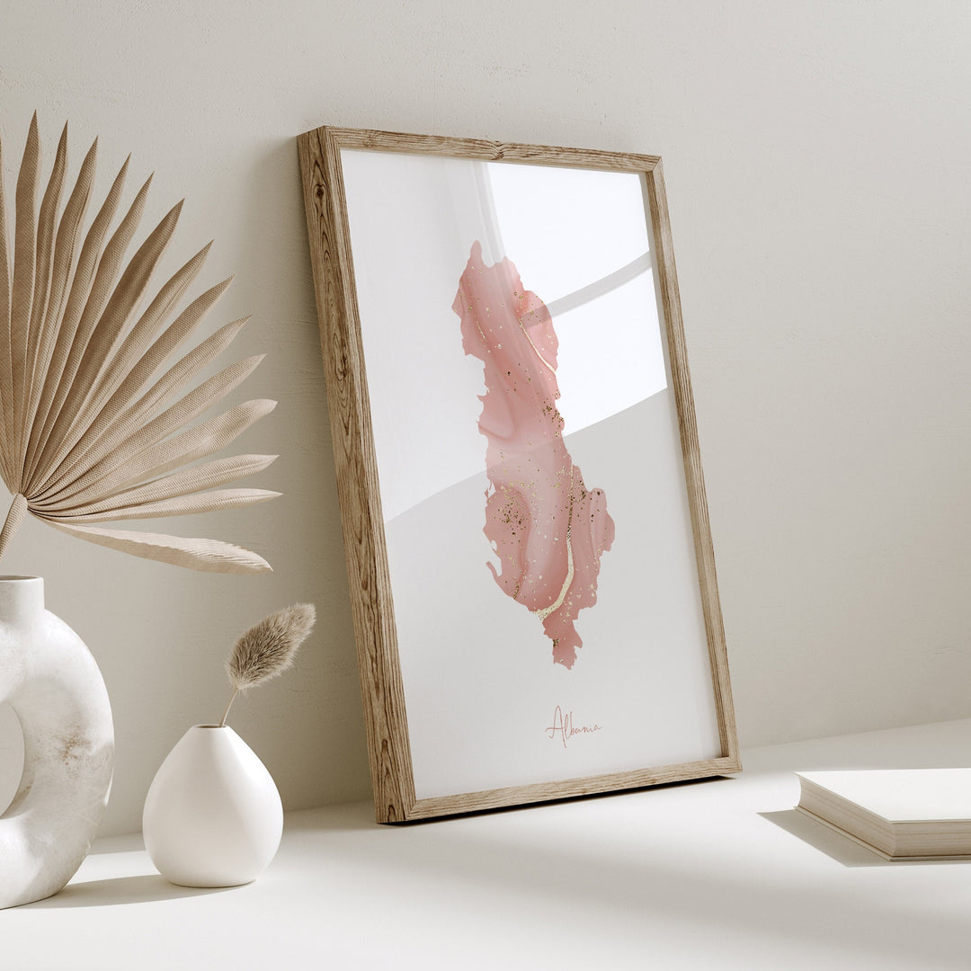 Albania Map Pink and Gold Wall Art Print