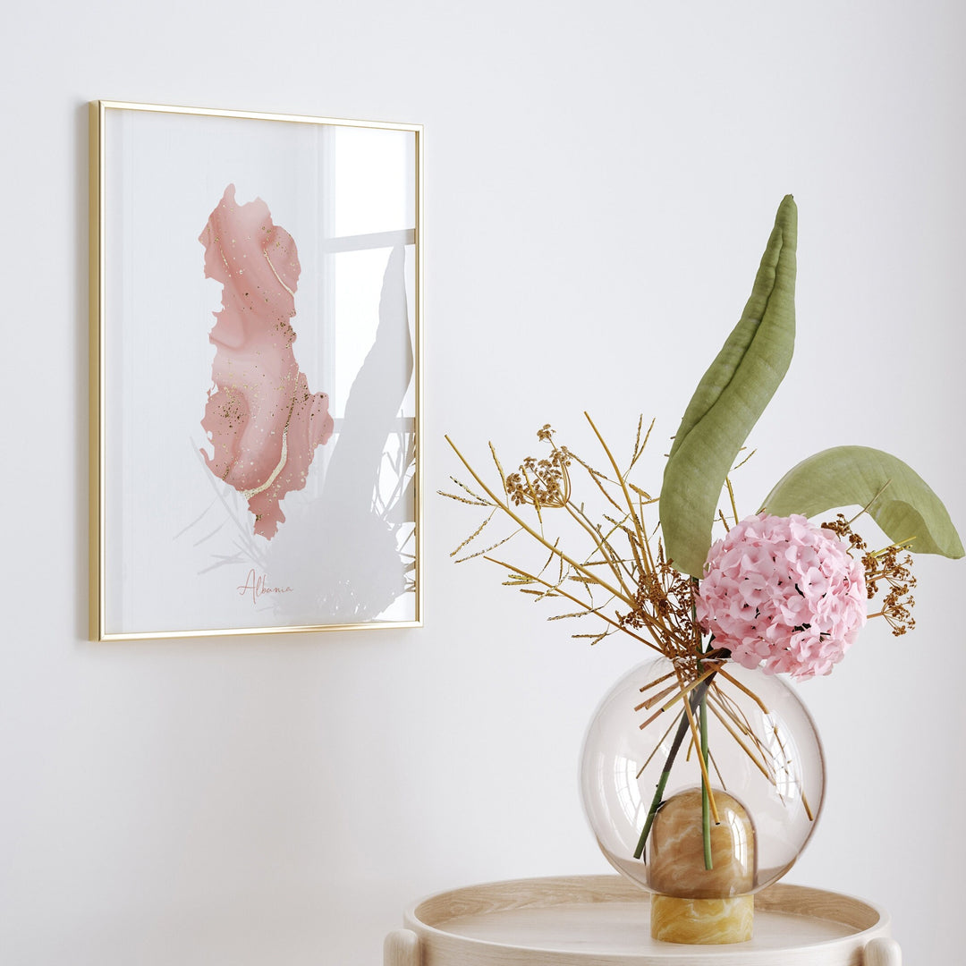 Albania Map Pink and Gold Wall Art Print
