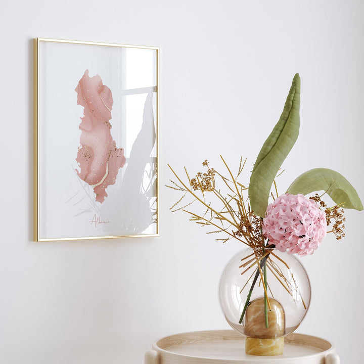 Albania Map Pink and Gold Wall Art Print