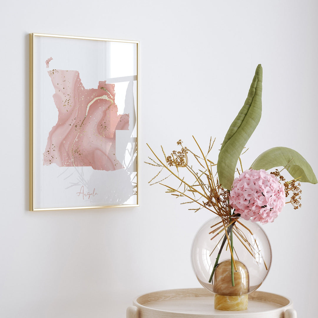 Angola Map Pink and Gold Wall Art Print