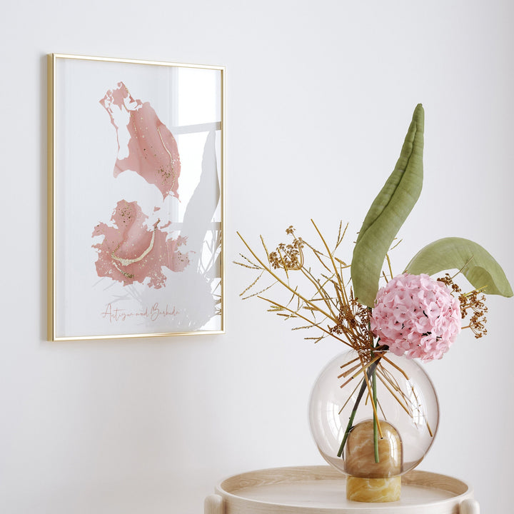 Antigua and Barbuda Map Pink and Gold Wall Art Print
