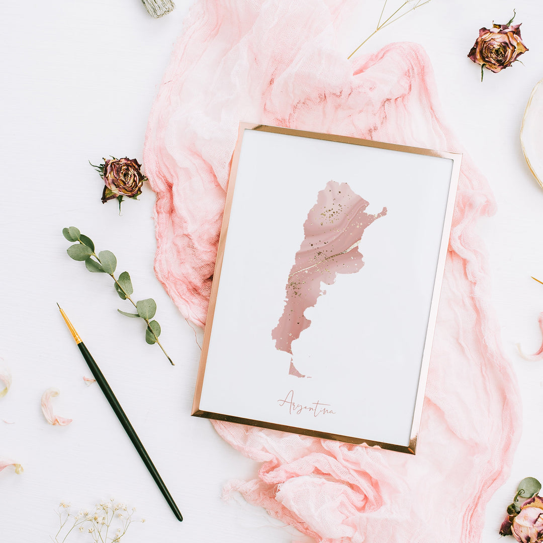 Argentina Map Pink and Gold Wall Art Print