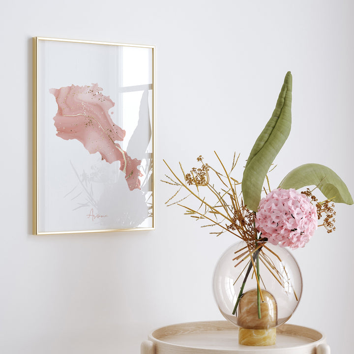 Armenia Map Pink and Gold Wall Art Print