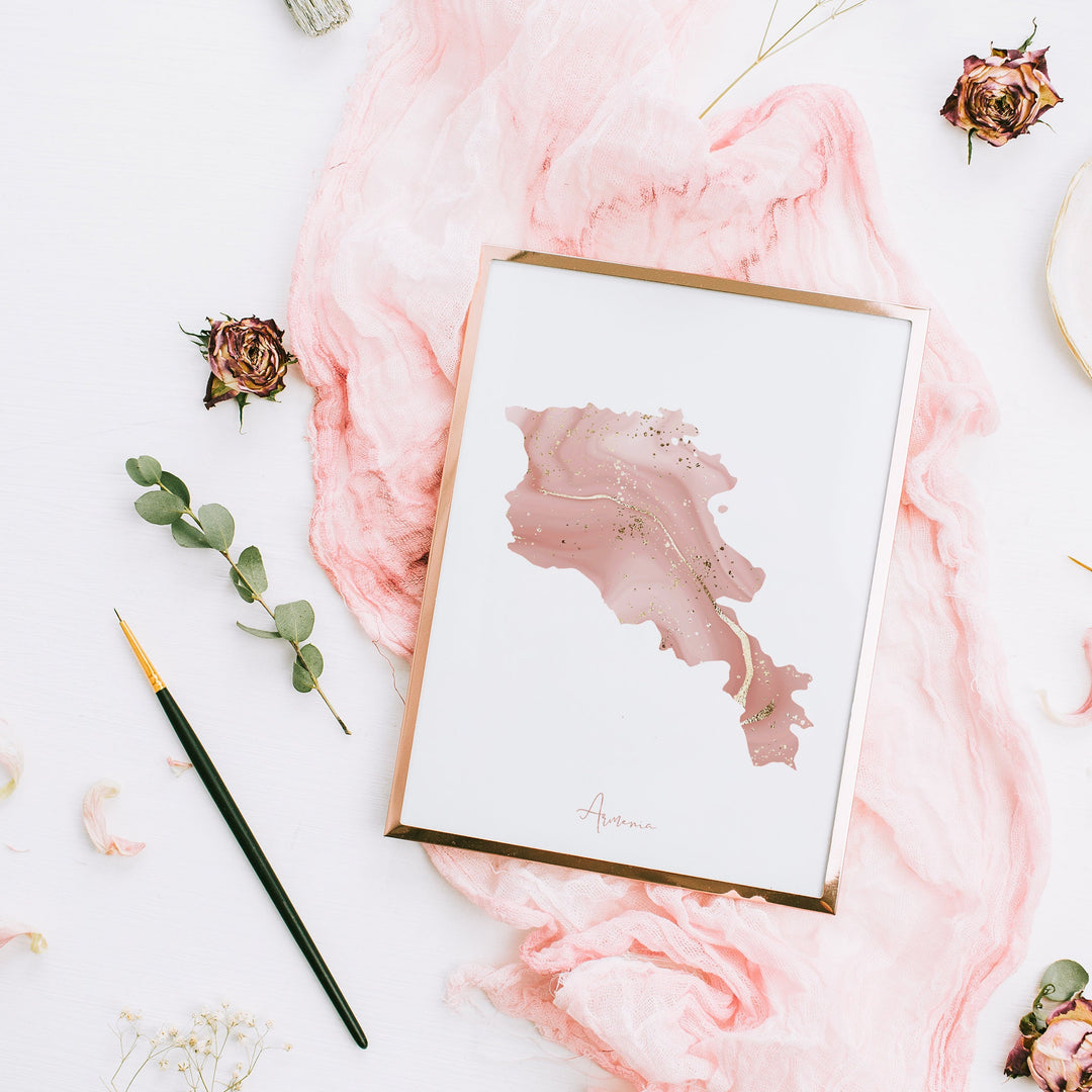 Armenia Map Pink and Gold Wall Art Print