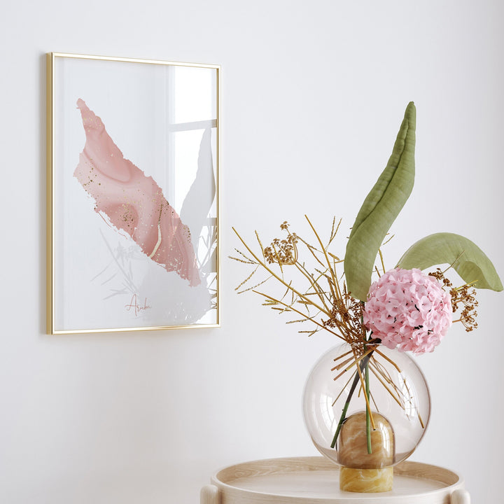 Aruba Map Pink and Gold Wall Art Print