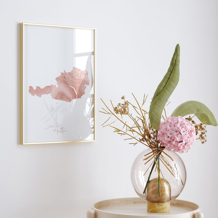 Austria Map Pink and Gold Wall Art Print