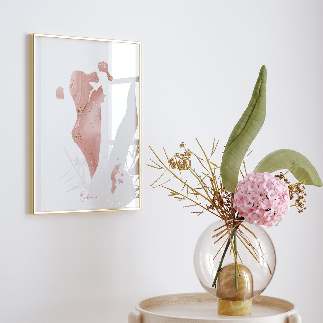 Bahrain Map Pink and Gold Wall Art Print