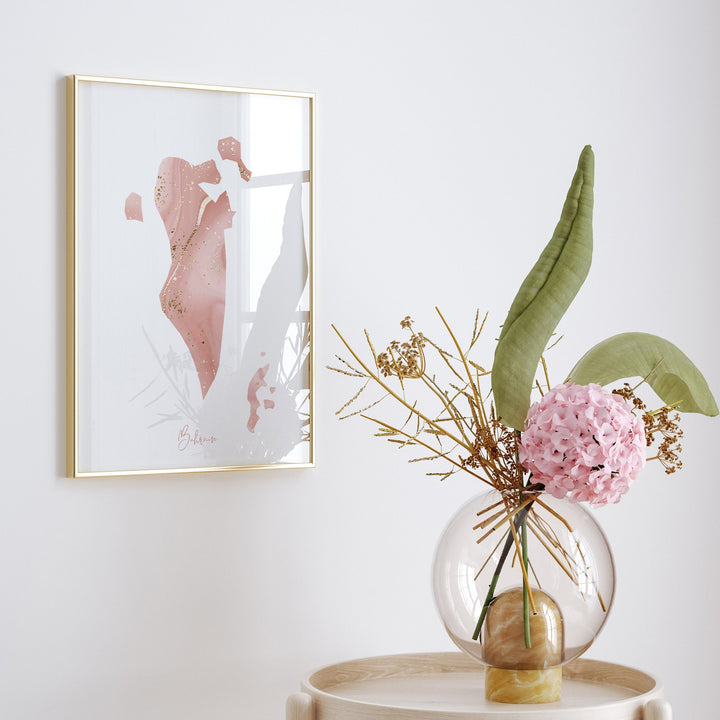 Bahrain Map Pink and Gold Wall Art Print