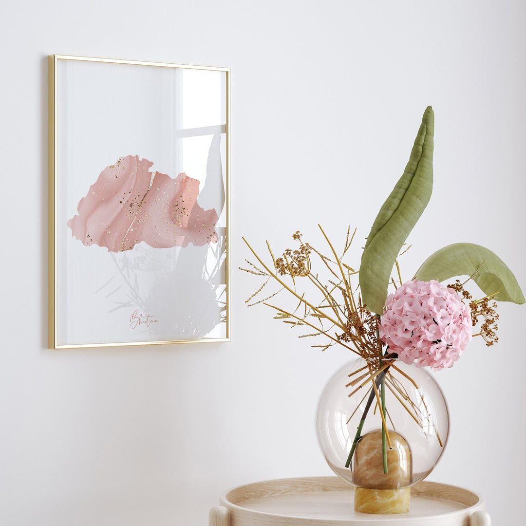 Bhutan Map Pink and Gold Wall Art Print