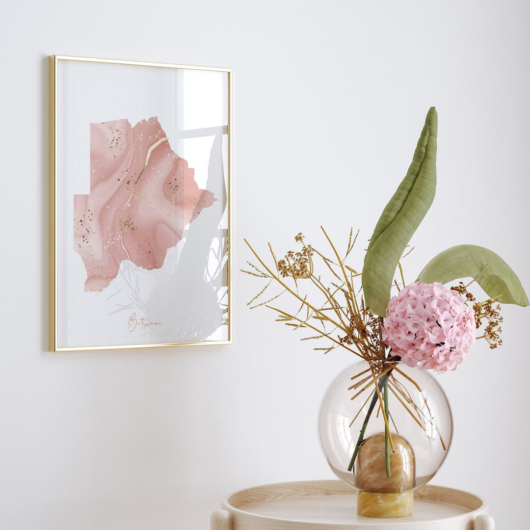 Botswana Map Pink and Gold Wall Art Print