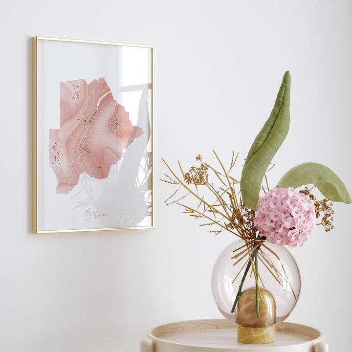 Botswana Map Pink and Gold Wall Art Print